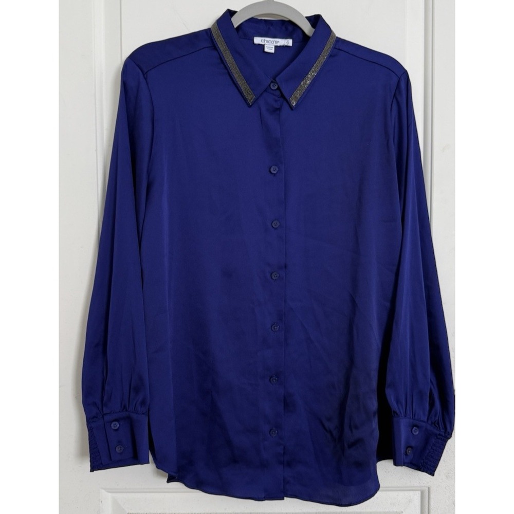 Chico's Button Up blouse Size 2 US‎ 12 solid Top satin Career Embellished Collar